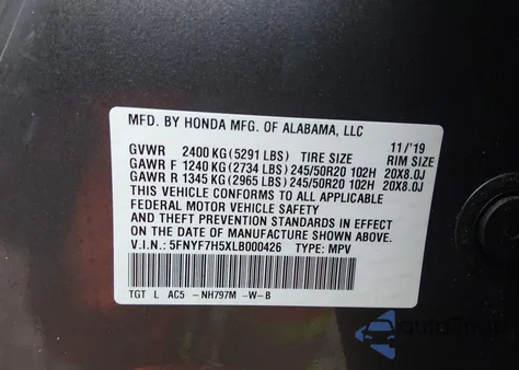 2020 Honda Passport 2Wd Ex-L z USA, uszkodzony, nr VIN 5FNYF7H5XLB000426